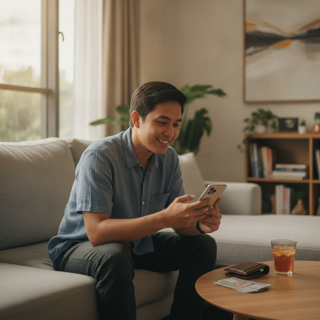 Filipino player checking mobile phone for online casino cashout and app status